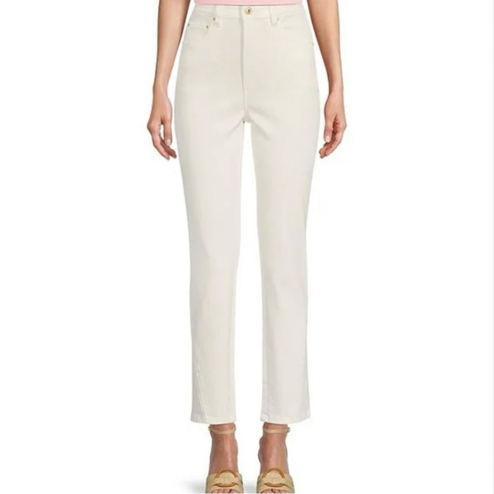 ALovesA High Rise Slender Straight Denim Ankle Jeans Off White 31 Distressed Hem